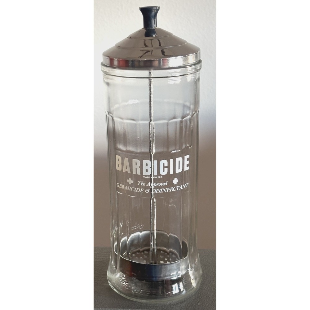 Vtg BARBICIDE Barber Shop "Germicide & Disinfectant" Glass Jar King Research Inc